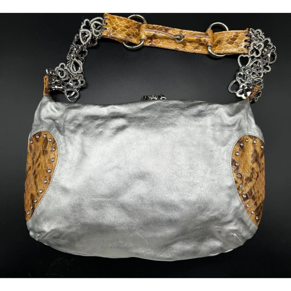 Charm And Luck Silver Leather Handbag Reptile Accent Rhinestone Hobo Rare Unique